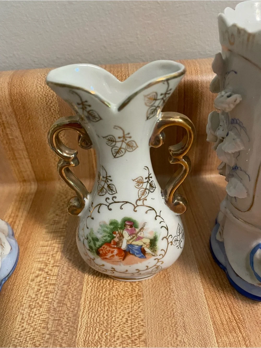 Vintage White and Blue Floral Ceramic Vase with Gold Handles
